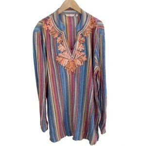 Soft Surroundings Blue/Orange Striped TURIN Embroidered Tunic Top, Size Medium